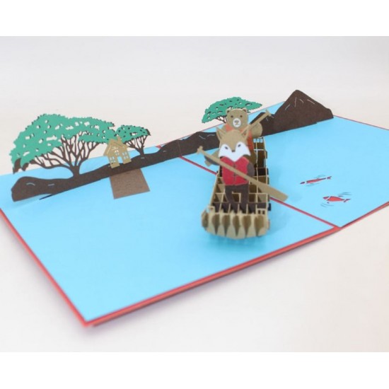 Handmade 3D Popup Card Birthday Wedding Anniversary Valentines Day Holiday Vacation Canoe Fox Bear Team Punting River Fish Tree Country Home