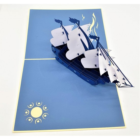 Handmade 3D Pop Up Card Vintage Blue White Galleon Boat Ship Vessel Birthday,father's Day,wedding Anniversary,graduation,valentine's Day Gift