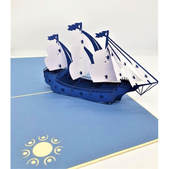 Handmade 3D Pop Up Card Vintage Blue White Galleon Boat Ship Vessel Birthday,father's Day,wedding Anniversary,graduation,valentine's Day Gift