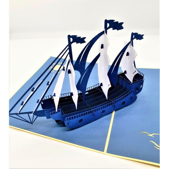 Handmade 3D Pop Up Card Vintage Blue White Galleon Boat Ship Vessel Birthday,father's Day,wedding Anniversary,graduation,valentine's Day Gift