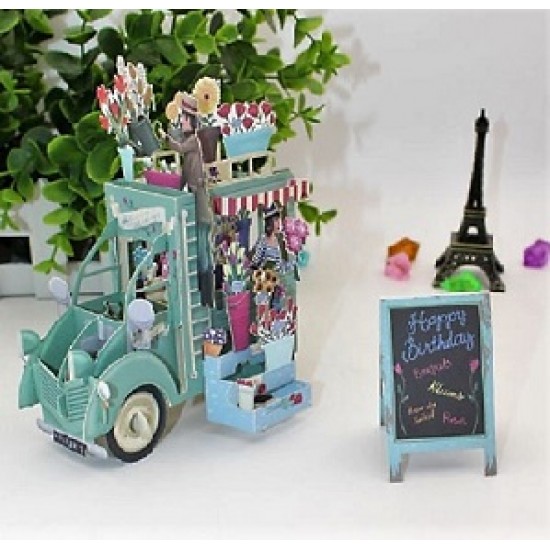 4D pop up card Festooned Vehicle Flower Van Truck Cart Birthday Card Paris Vintage Street Market Vendor Sunflower Rose Bouquet Garden