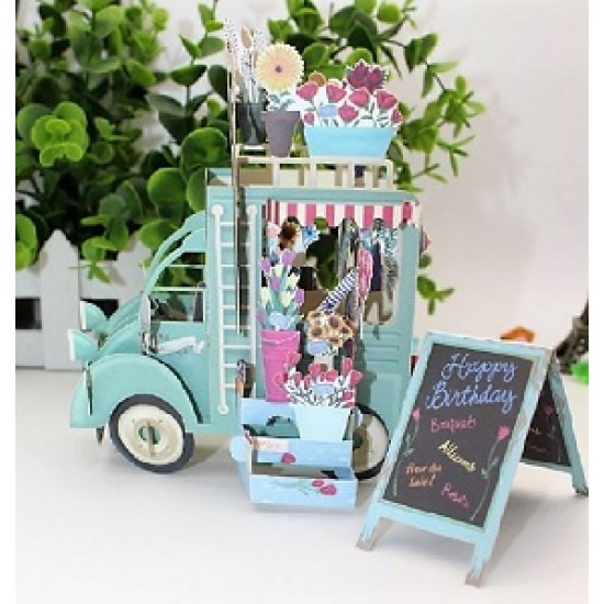 4D pop up card Festooned Vehicle Flower Van Truck Cart Birthday Card Paris Vintage Street Market Vendor Sunflower Rose Bouquet Garden