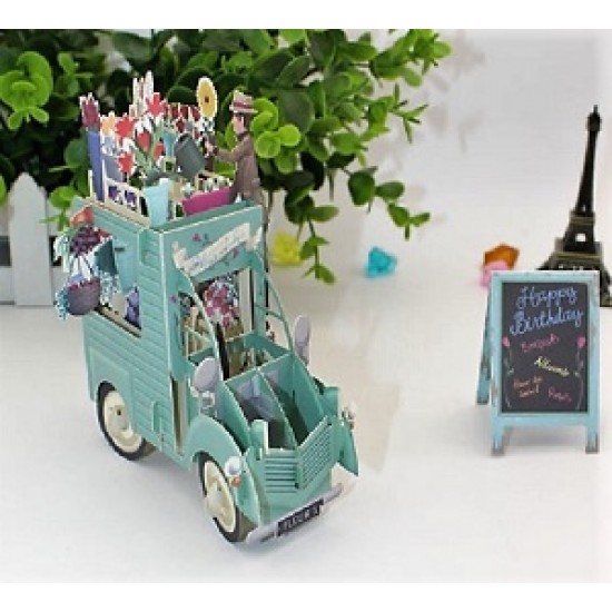 4D pop up card Festooned Vehicle Flower Van Truck Cart Birthday Card Paris Vintage Street Market Vendor Sunflower Rose Bouquet Garden