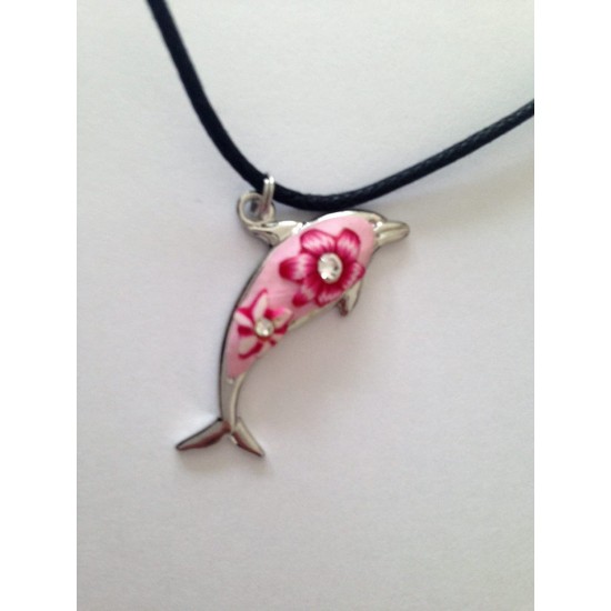 Handmade Ceramic Pink Silver Dolphin Flower Rhinestone Charm Pendant Necklace Birthday Graduation Anniversary Mother's Day Christmas Valentines Day Gift For Her