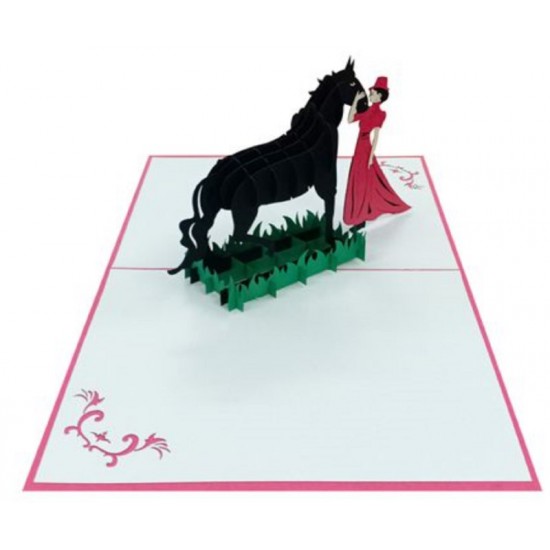 Handmade 3d Pop Up Birthday Card Horse Lady Girl Woman In Red Love Friendship Wedding Anniversary Valentines Mother's Day Graduation Vintage