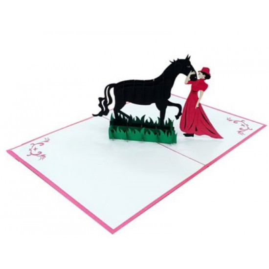 Handmade 3d Pop Up Birthday Card Horse Lady Girl Woman In Red Love Friendship Wedding Anniversary Valentines Mother's Day Graduation Vintage