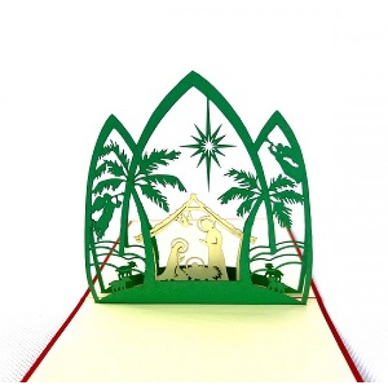 Handmade 3D Pop Up Xmas Card Small Card 12x12cm Merry Christmas Nativity Baby Jesus Holy Family Manger Seasonal Greetings Blank Celebrations