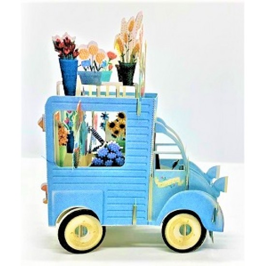 4D pop up card Festooned Vehicle Flower Van Truck Cart Birthday Card Paris Vintage Street Market Vendor Sunflower Rose Bouquet Garden