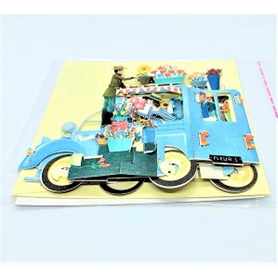 4D pop up card Festooned Vehicle Flower Van Truck Cart Birthday Card Paris Vintage Street Market Vendor Sunflower Rose Bouquet Garden