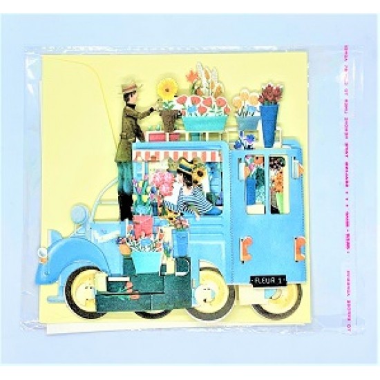 4D pop up card Festooned Vehicle Flower Van Truck Cart Birthday Card Paris Vintage Street Market Vendor Sunflower Rose Bouquet Garden