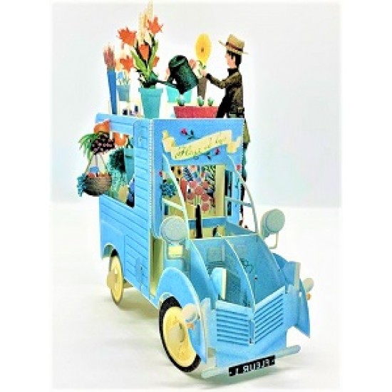 4D pop up card Festooned Vehicle Flower Van Truck Cart Birthday Card Paris Vintage Street Market Vendor Sunflower Rose Bouquet Garden