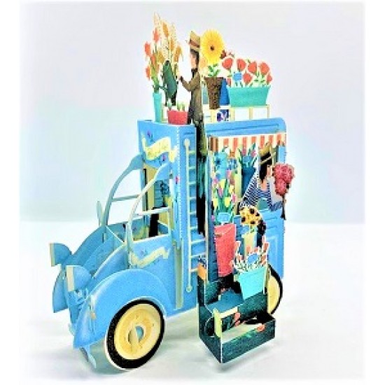 4D pop up card Festooned Vehicle Flower Van Truck Cart Birthday Card Paris Vintage Street Market Vendor Sunflower Rose Bouquet Garden