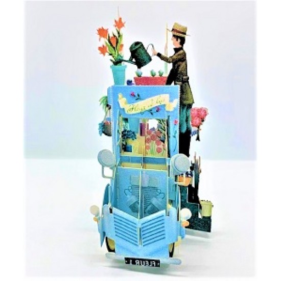 4D pop up card Festooned Vehicle Flower Van Truck Cart Birthday Card Paris Vintage Street Market Vendor Sunflower Rose Bouquet Garden