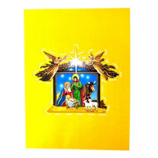 Handmade 3D Pop Up Christmas Card Nativity Holy Family Seasonal Greetings Baby Jesus Saint Joseph Maria Celebrations Manger Angel Sheep Donkey, Xmas home gift, ornaments, decorations