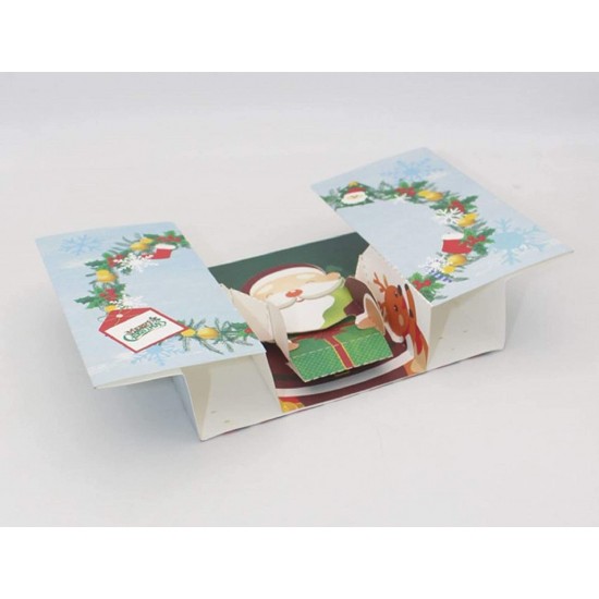 Handmade 3D Pop Up Christmas Card Vintage Santa Claus Gift Given Reindeer Wreath Sledge Snowflakes Holly Jingle Bells Star Seasonal Greeting