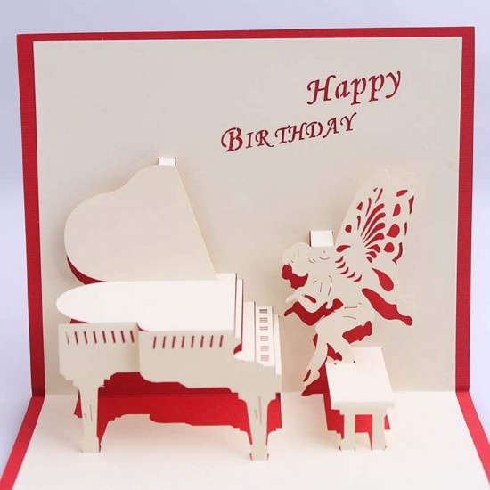 Handmade 3D Pop Up Card Happy Birthday Piano Fairy Butterfly Angel Wings Music Fan Best Friend Partner Papercraft Laser Cut Origami Kirigami