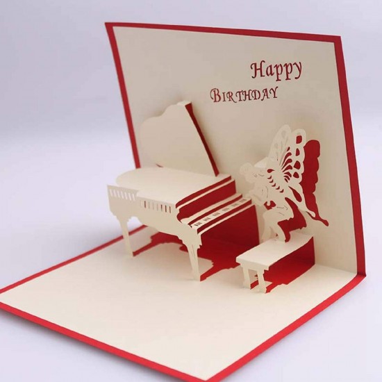 Handmade 3D Pop Up Card Happy Birthday Piano Fairy Butterfly Angel Wings Music Fan Best Friend Partner Papercraft Laser Cut Origami Kirigami