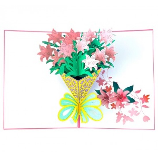 Handmade 3D Pop Up Card Pink Lily Flower Birthday Father's Day Mother's Day Graduation Wedding Gift Anniversary Engagement Thanksgiving Christmas Card For Her Him Friend Family