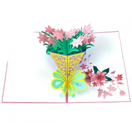 Handmade 3D Pop Up Card Pink Lily Flower Birthday Father's Day Mother's Day Graduation Wedding Gift Anniversary Engagement Thanksgiving Christmas Card For Her Him Friend Family