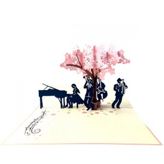 Handmade 3D Pop Up Card Pink Cherry Blossom Musicians Guitar Piano Saxophone Band Concert Birthday Anniversary Valentines Day Mother's Day Wedding Anniversary Teacher's Day Blank Celebrations