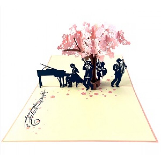 Handmade 3D Pop Up Card Pink Cherry Blossom Musicians Guitar Piano Saxophone Band Concert Birthday Anniversary Valentines Day Mother's Day Wedding Anniversary Teacher's Day Blank Celebrations