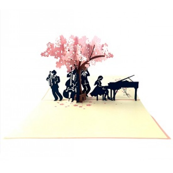 Handmade 3D Pop Up Card Pink Cherry Blossom Musicians Guitar Piano Saxophone Band Concert Birthday Anniversary Valentines Day Mother's Day Wedding Anniversary Teacher's Day Blank Celebrations