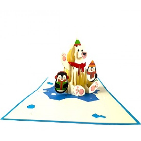 Handmade 3D Pop Up Xmas Card Merry Christmas Polar Bear Penguin Ice Seasonal Greetings Gifts Ornaments Decorations