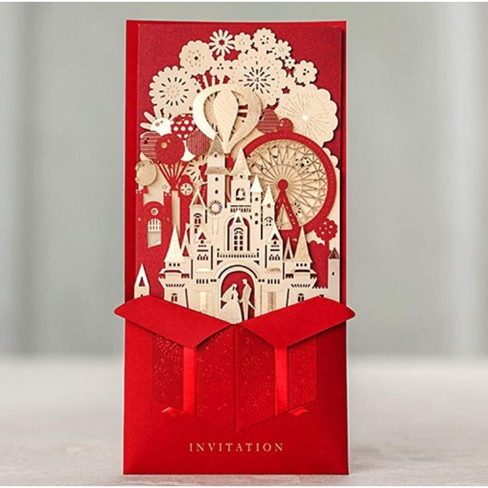 Laser Cut Gold Leaf Red Wedding Invitation,big Day Fairytale Castle Prince Princess Groom Bride King Queen Firework Balloon Ferris Wheel Art