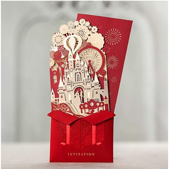 Laser Cut Gold Leaf Red Wedding Invitation,big Day Fairytale Castle Prince Princess Groom Bride King Queen Firework Balloon Ferris Wheel Art