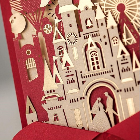 Laser Cut Gold Leaf Red Wedding Invitation,big Day Fairytale Castle Prince Princess Groom Bride King Queen Firework Balloon Ferris Wheel Art