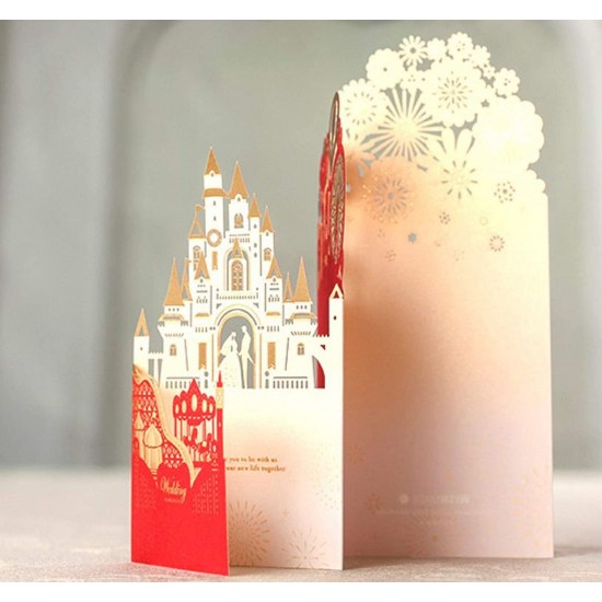 Laser Cut Gold Leaf Red Wedding Invitation,big Day Fairytale Castle Prince Princess Groom Bride King Queen Firework Balloon Ferris Wheel Art