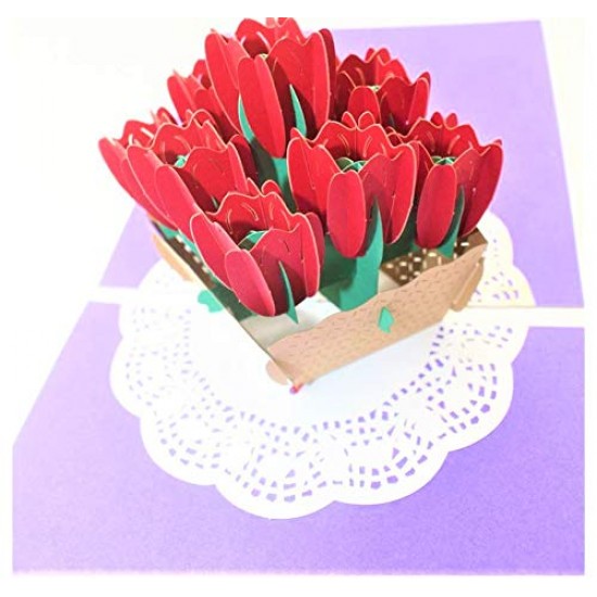 Handmade 3D Pop Up Card Red Tulip Birthday Wedding Anniversary Valentine's Day Mother's Day Bridal Shower Engagement Thank You Retirement New Job Home Gift Greetings