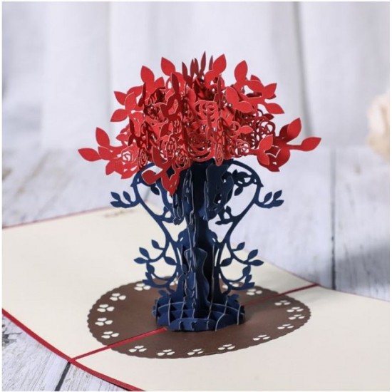 Handmade 3d Pop Up Card Birthday Valentine's Day Mother's Day Wedding Anniversary Red Rose Flower Vase Seasonal Greeting Card