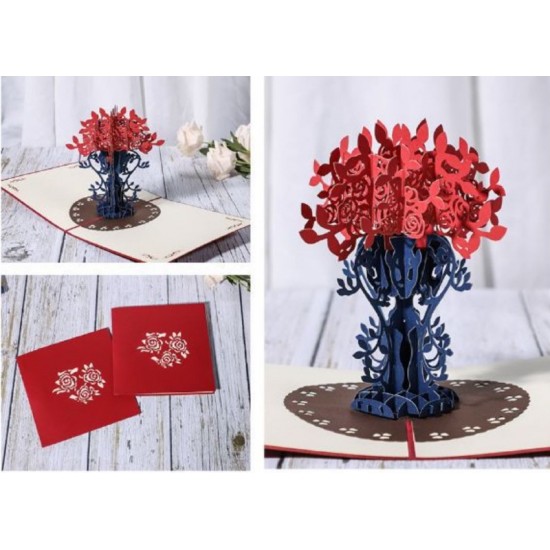 Handmade 3d Pop Up Card Birthday Valentine's Day Mother's Day Wedding Anniversary Red Rose Flower Vase Seasonal Greeting Card