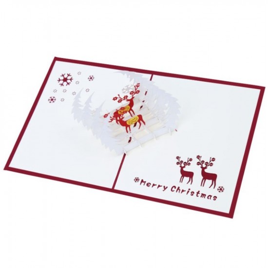 Handmade 3d Pop Up Christmas Xmas Card Greeting Reindeer Couple Lover Family White Snow Forest Origami Kirigami Silent Night Papercraft Gift