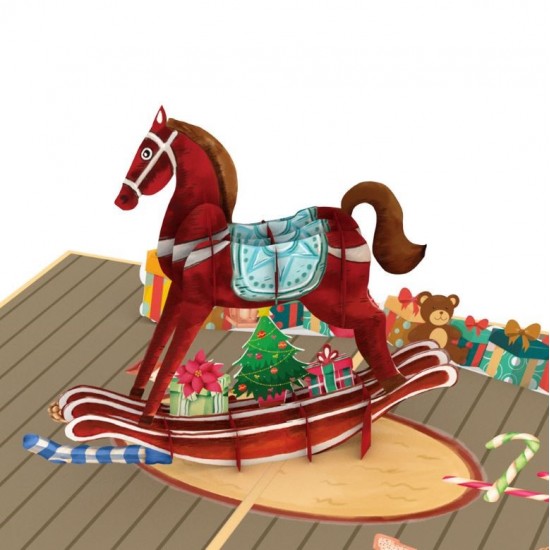 Handmade 3D Pop Up Xmas Card Merry Christmas Rocking Horse Seasonal Greetings Blank Card Celebrations Card