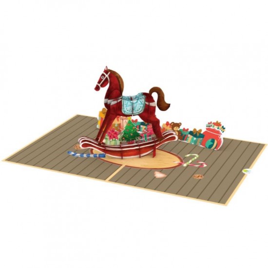 Handmade 3D Pop Up Xmas Card Merry Christmas Rocking Horse Seasonal Greetings Blank Card Celebrations Card