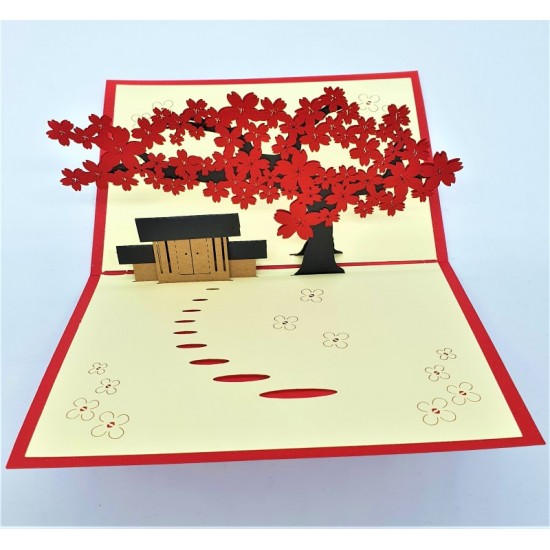 Handmade 3D Pop Up Card Red Sakura Cherry Blossom House Oriental Japan Birthday Wedding Anniversary Valentine's Day Father's Day New Home Housewarming