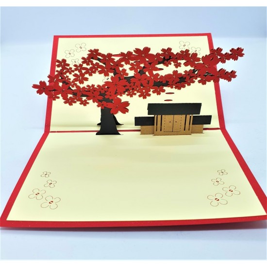 Handmade 3D Pop Up Card Red Sakura Cherry Blossom House Oriental Japan Birthday Wedding Anniversary Valentine's Day Father's Day New Home Housewarming