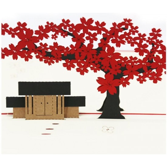 Handmade 3D Pop Up Card Red Sakura Cherry Blossom House Oriental Japan Birthday Wedding Anniversary Valentine's Day Father's Day New Home Housewarming