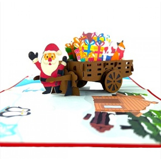 Handmade 3D Pop Up Xmas Card Happy Christmas Santa Claus Gift Cart Trolley Fox Bear Penguin Rabbit Tree Cottage Snowflakes Seasonal Greetings Decorations Ornaments Celebrations Card