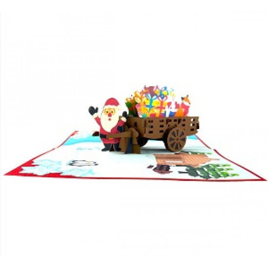 Handmade 3D Pop Up Xmas Card Happy Christmas Santa Claus Gift Cart Trolley Fox Bear Penguin Rabbit Tree Cottage Snowflakes Seasonal Greetings Decorations Ornaments Celebrations Card