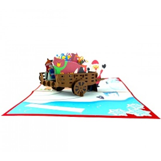 Handmade 3D Pop Up Xmas Card Happy Christmas Santa Claus Gift Cart Trolley Fox Bear Penguin Rabbit Tree Cottage Snowflakes Seasonal Greetings Decorations Ornaments Celebrations Card