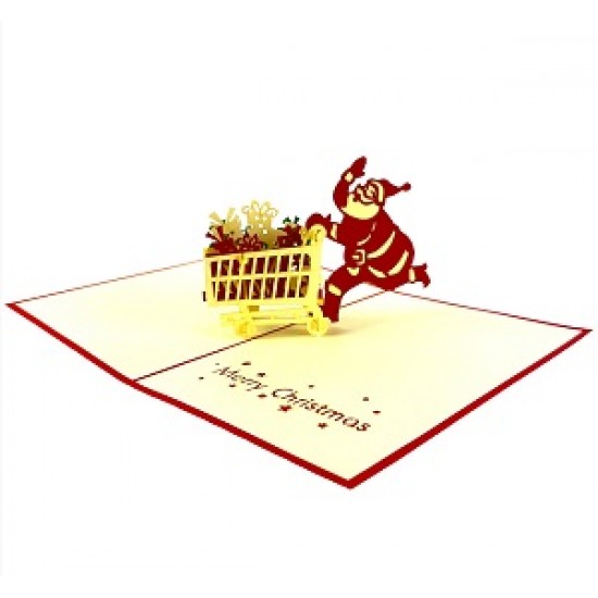 Handmade 3D Pop Up Xmas Card Happy Christmas Santa Claus Gift Shopping Trolley Seasonal Greetings Celebrations Card