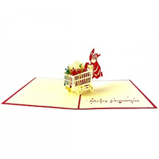 Handmade 3D Pop Up Xmas Card Happy Christmas Santa Claus Gift Shopping Trolley Seasonal Greetings Celebrations Card