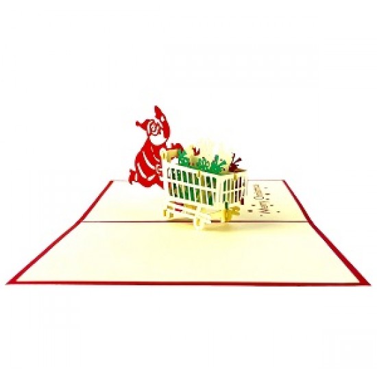 Handmade 3D Pop Up Xmas Card Happy Christmas Santa Claus Gift Shopping Trolley Seasonal Greetings Celebrations Card