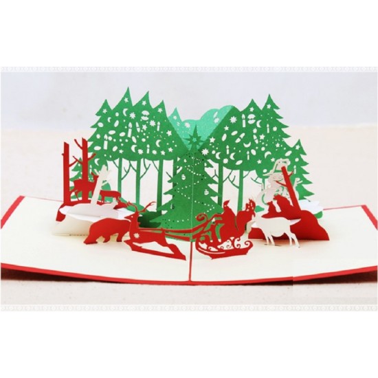 Handmade 3d Pop Up Greeting Card Christmas Xmas Eve Silent Night Santa Claus Sled Gift Reindeer Snowman Evergreen Conifer Tree Polar Bear Papercraft Gift