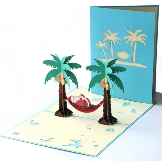 Handmade 3d Pop Up Christmas Xmas Greeting Card Santa Claus Summer Vacation Holiday Coconut Palm Tree Hammock Bed Tropical Merry Christmas