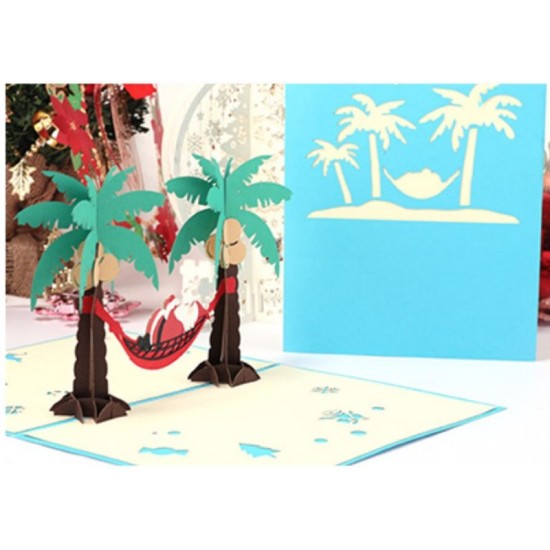 Handmade 3d Pop Up Christmas Xmas Greeting Card Santa Claus Summer Vacation Holiday Coconut Palm Tree Hammock Bed Tropical Merry Christmas