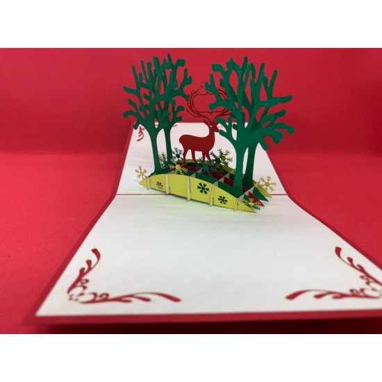 Handmade 3d Pop Up Card 12x12cm Merry Christmas Xmas Greeting Card Reindeer Tree Snowflakes Country Forest Papercraft Origami Kirigami Gift Ornament Decoration